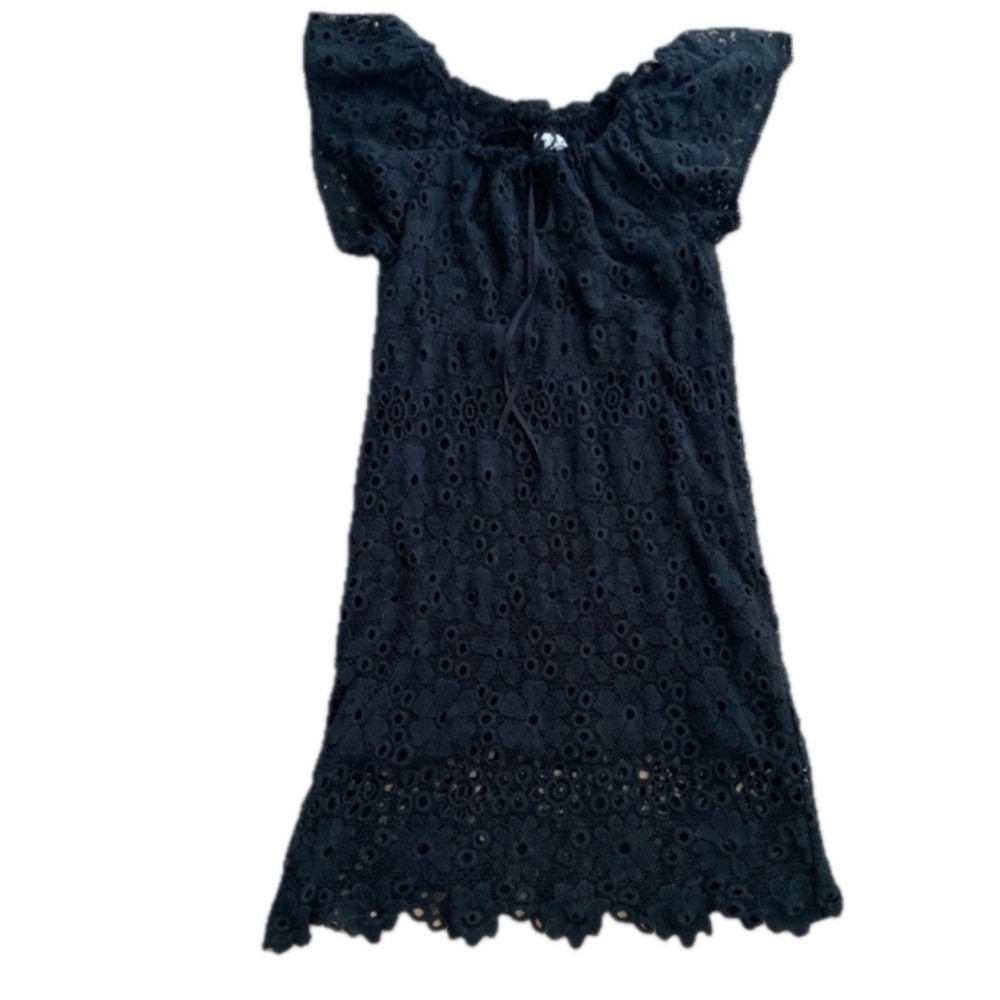 Black Eyelet Dress Size Medium Ruffle Neckline Cotton Lined Summer Dress - Picture 2 of 8